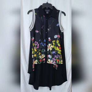 Gracia Black Floral‎ High-Low Collared Sleeveless Button Down Blouse Size M